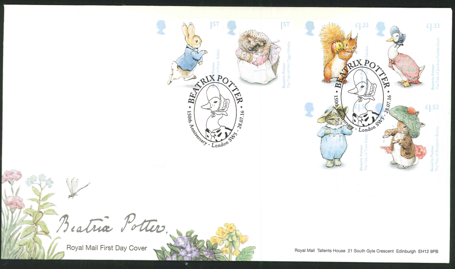 2016 - Beatrix Potter First Day Cover, 150th Anniversary - London SW5 Postmark